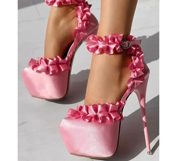 Women Fashion Ruffled Platform Ankle Strap High Heels