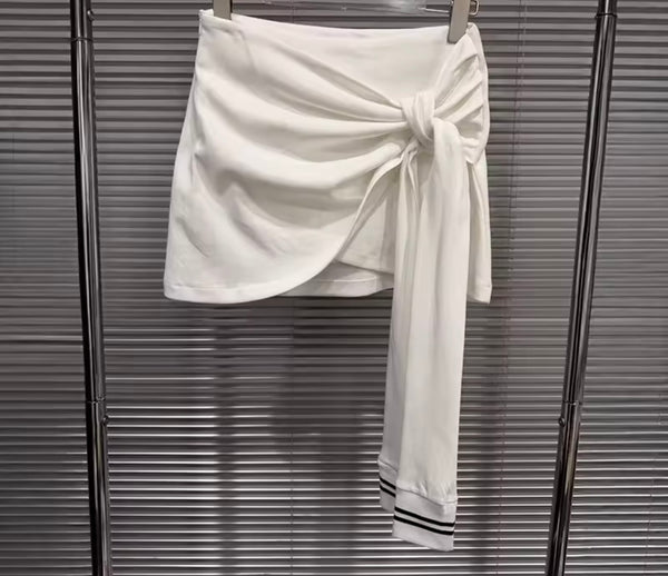 Women Collar Tie Striped Short Sleeve Two Piece Skirt Set
