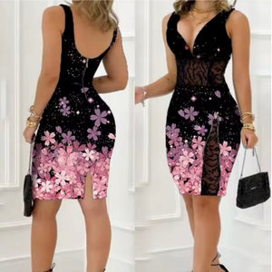 Women Sexy Sleeveless Floral Print Lace Zipper Dress