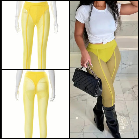 Women Sexy Fashion Yellow Mesh Pants