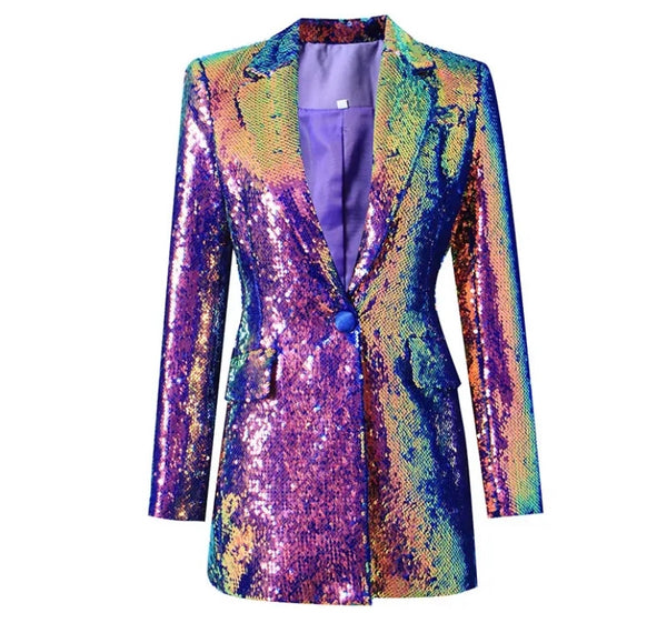 Women Sexy Color Sequins Button Up Blazer Top