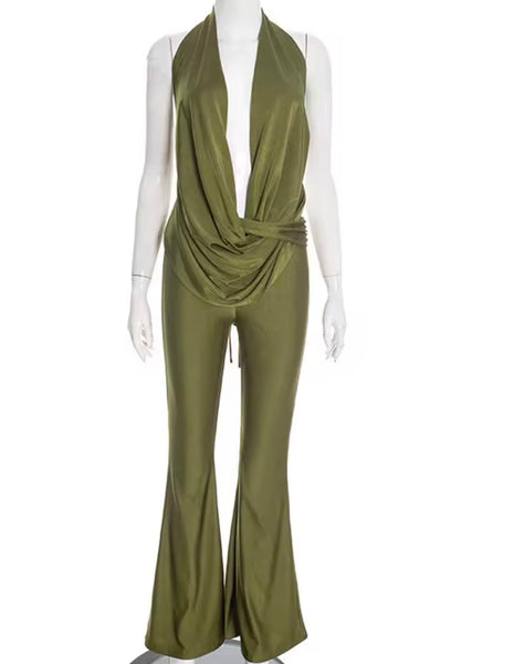 Women Sexy Halter V-Neck Open Back Two Piece Pant Set