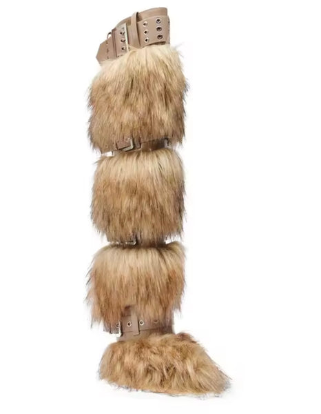 Women Buckled Fashion Faux Fur High Heel Boots