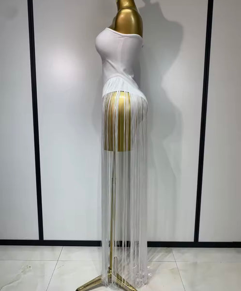 Women Sexy Strapless White Fringe Tassel Maxi Dress