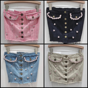 Women Fashion Button Up Strapless Pink Rhinestone Denim Crop Top