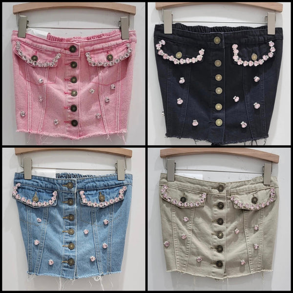 Women Fashion Button Up Strapless Pink Rhinestone Denim Crop Top