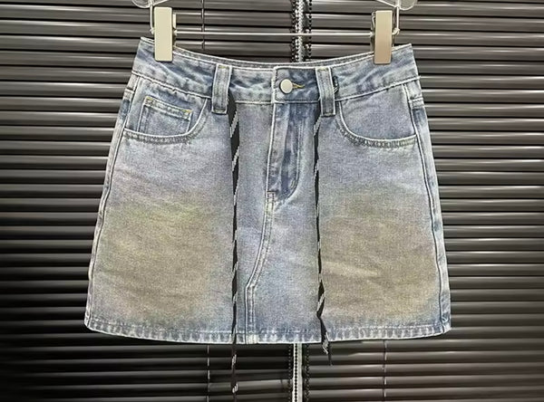 Women Fashion Metallic Button Up Denim Two Piece Skirt Set