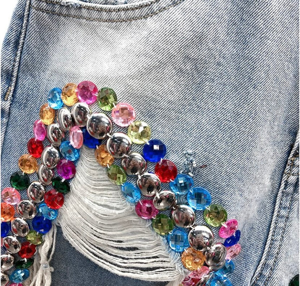 Women Fashion Ripped Colorful Rhinestone Denim Shorts