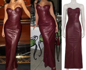 Women Sexy Strapless Burgundy Faux Leather Maxi Dress