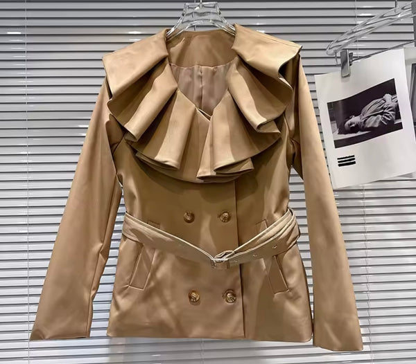 Women Khaki Ruffle Button Up Belted Two Piece Skirt Set