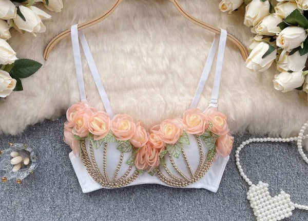 Women Sexy Sleeveless Floral Pearl Crop Top