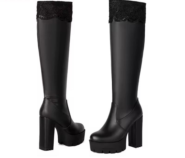 Women Fashion Lace Faux Leather Platform High Heel Boots