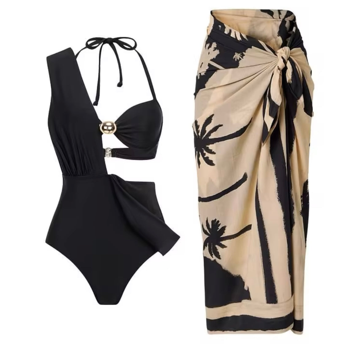Women Sexy Black Cut Out Swimsuit Printed Cover Up Set