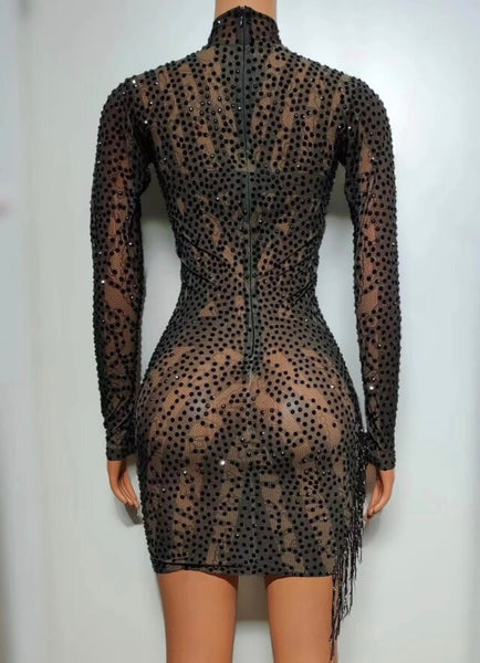 Women Black Sexy Beaded Tassel Full Sleeve Mesh Dress