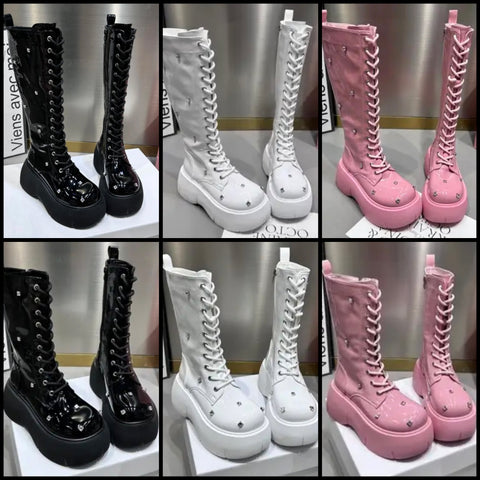 Women Fashion Platform Rhinestone Lace Up Ankle/Mid-Calf Boots
