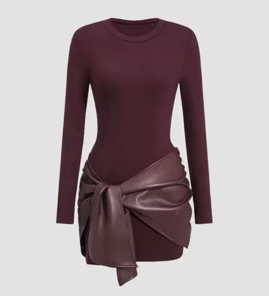 Women Color Fashion Faux Leather Wrap Full Sleeve Dress
