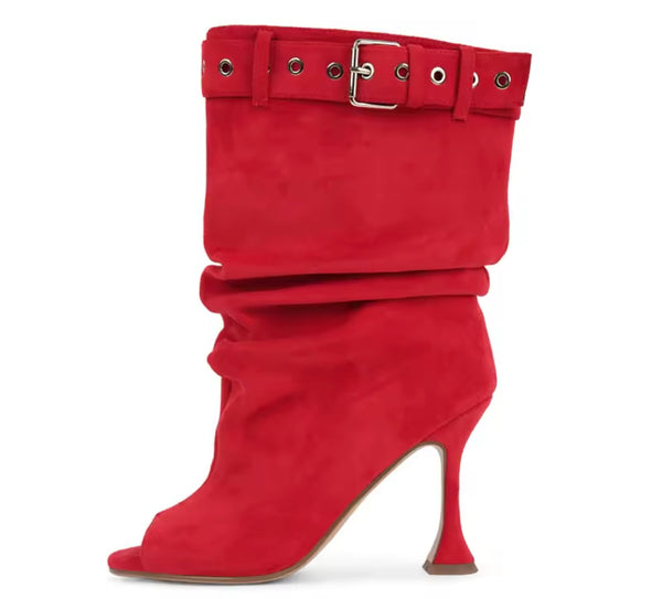 Women Color Open Toe Suede Buckle Ruched High Heel Boots