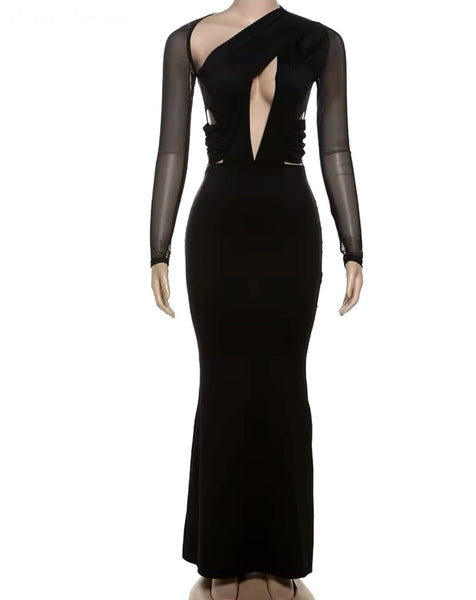 Women Sexy Black Cut Out Full Sleeve Maxi Dress