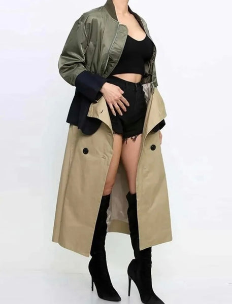Women Fashion Color Patchwork Zip Up Trench Jacket