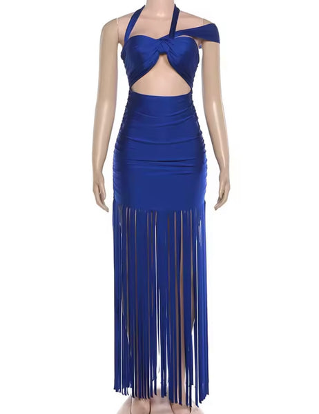 Women Sexy Halter Sleeveless Cut Out Fringe Tassel Maxi Dress