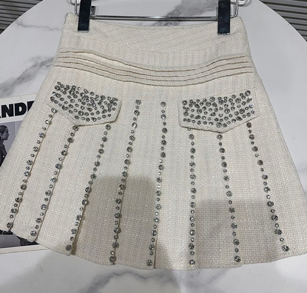 Women Fashion Rhinestone Tweed Pleated Skirt