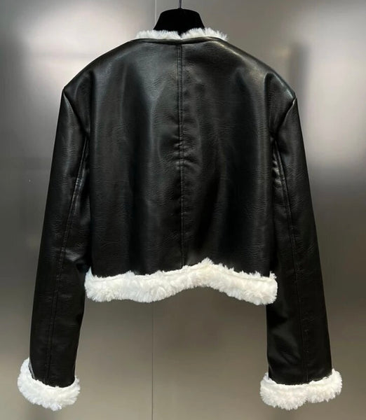 Women Warm B&W Faux Leather Fashion Jacket