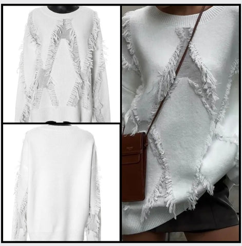 Women White Fashion Fringe Full Sleeve Sweater Top