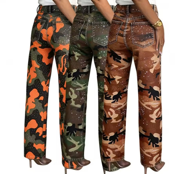 Women Fashion Color Camouflage Bling Denim Pants
