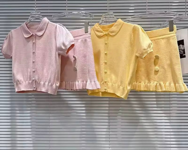 Women Collar Button Up Short Sleeve Two Piece Skirt Set