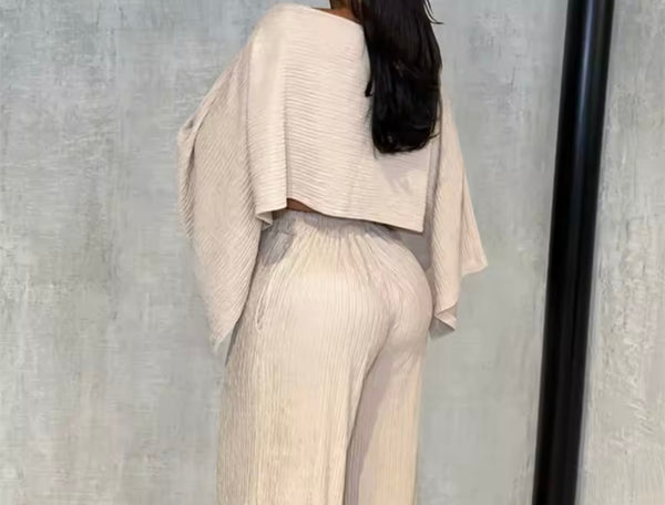 Women Solid Color Full Flare Sleeve Fashion Two Piece Pant Set