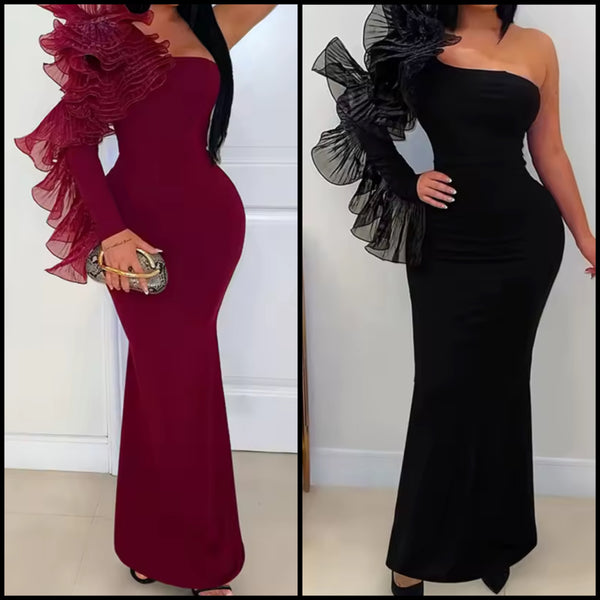 Women Sexy Ruffled One Shoulder Maxi Dress
