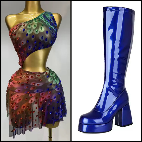 Women Colorful One Shoulder Sleeveless Rhinestone Dress