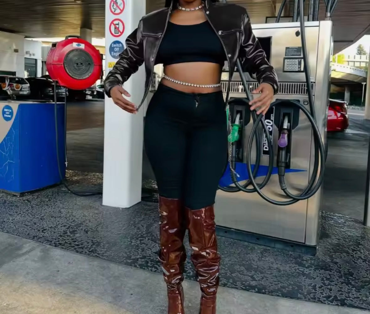 Women Color Fashion Faux Leather Crop Jacket