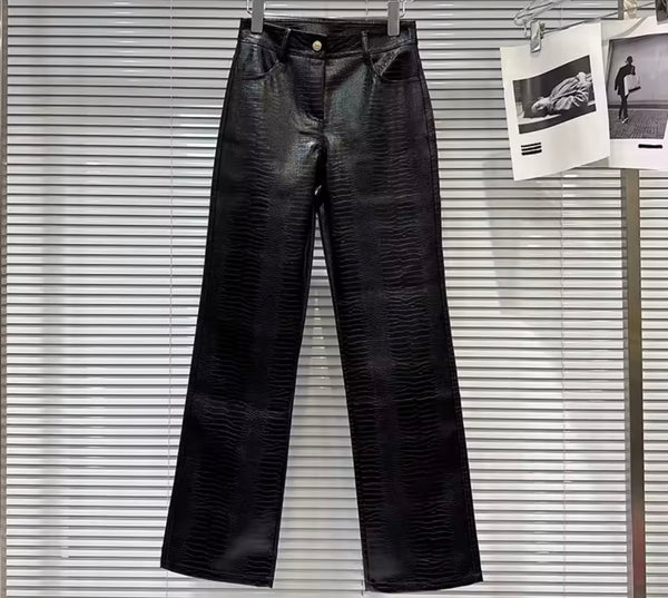 Women Fashion Faux Leather Two Piece Black Jacket Pant Set