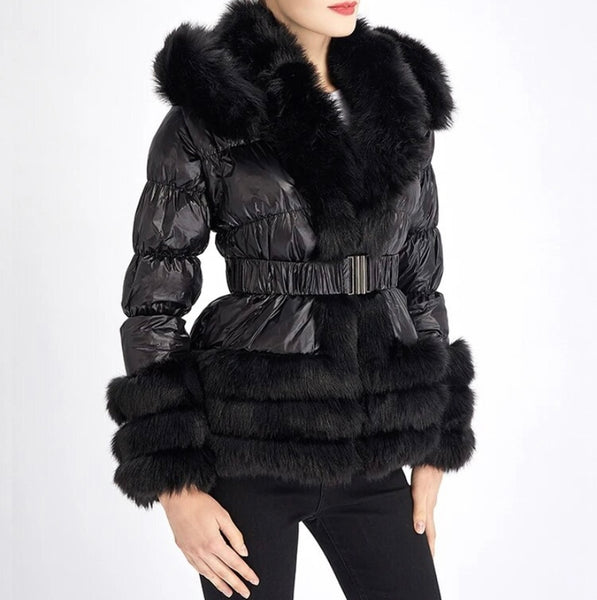 Women Fashion Hooded Faux Fur Patchwork Belted Jacket