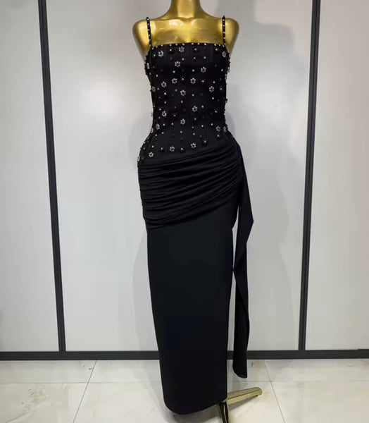 Women Sexy Black Sleeveless Beaded Tassel Maxi Dress