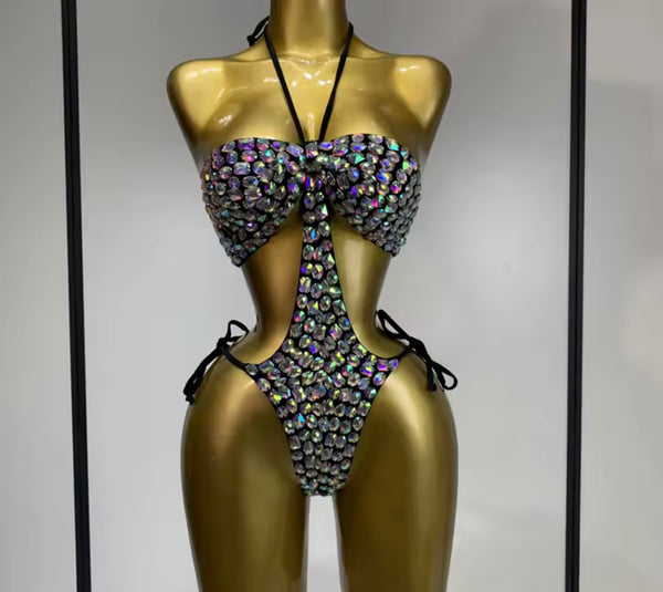 Women Sexy Black Rhinestone Halter Tie Up Swimsuit