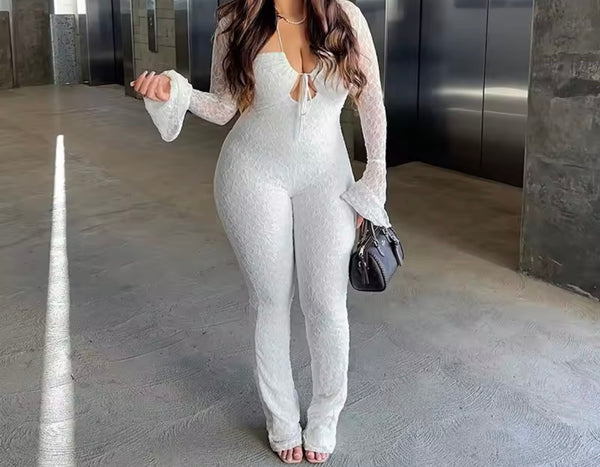 Women Sexy Lace Tie Up Open Back Full Sleeve Jumpsuit
