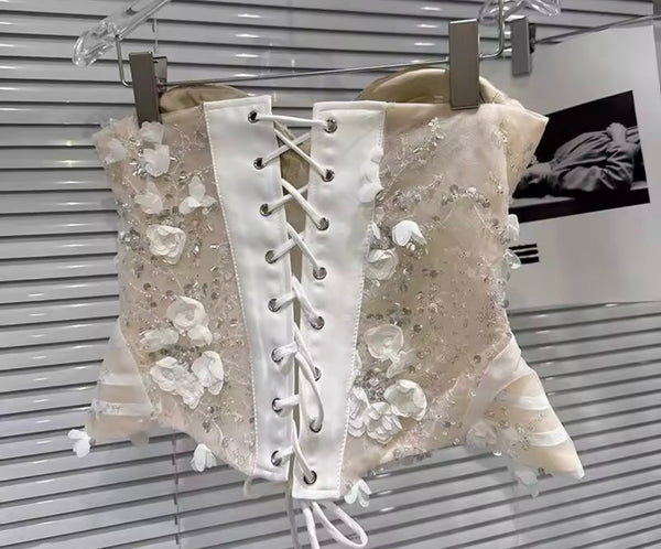 Women Sexy Strapless Floral Sequins Corset Two Piece Skirt Set