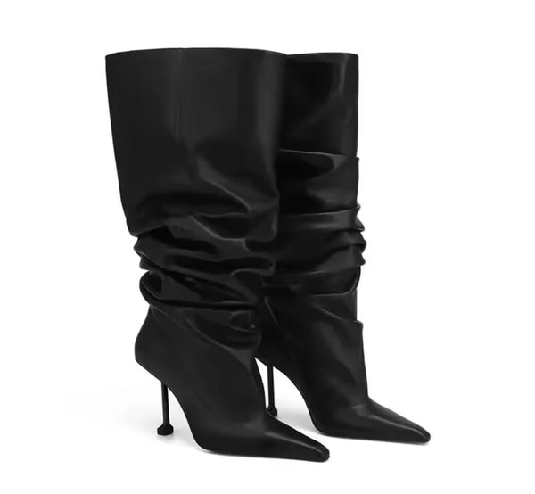 Women Pointed Toe Ruched Fashion Knee High Boots