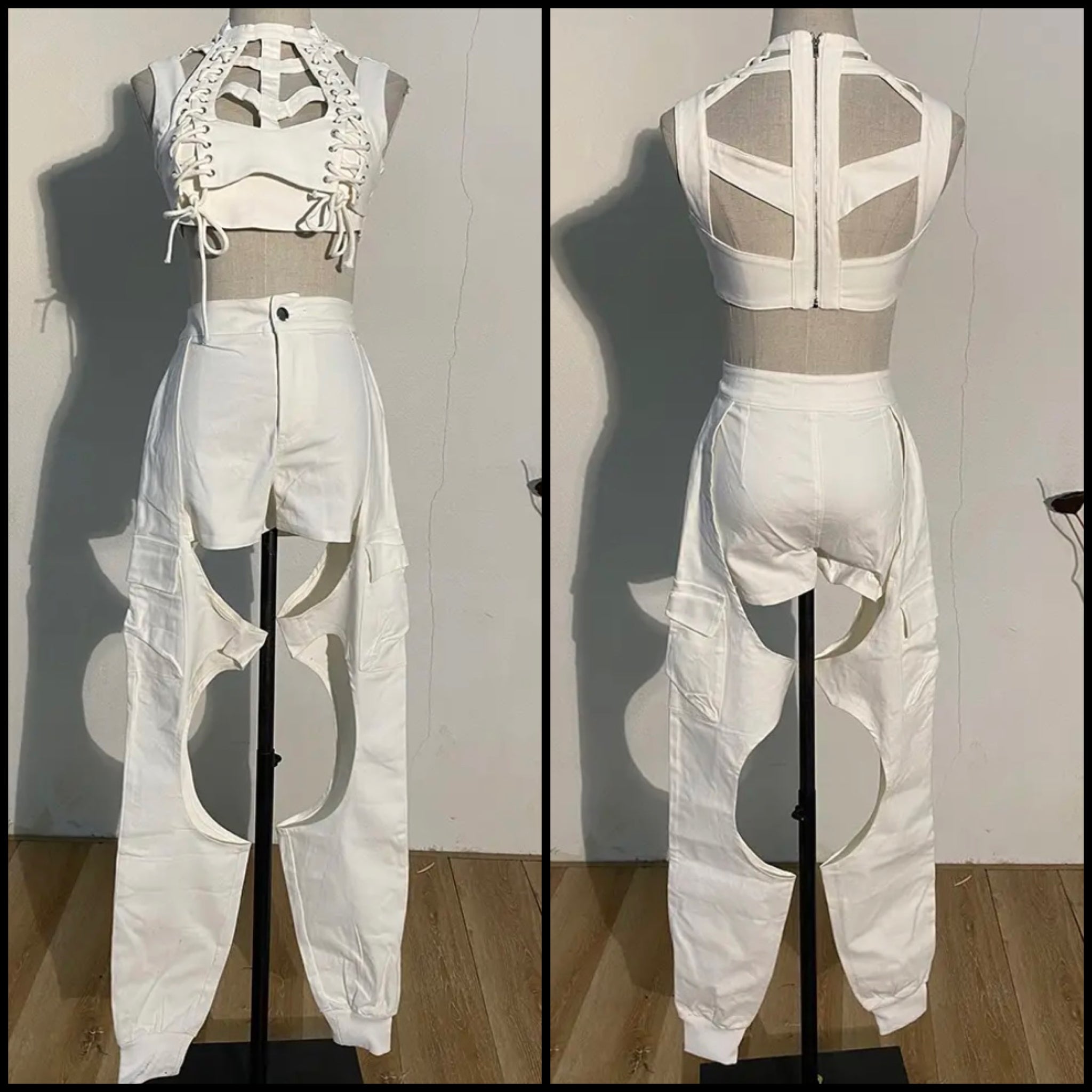 Women White Fashion Sleeveless Cut Out Lace Up Two Piece Pant Set