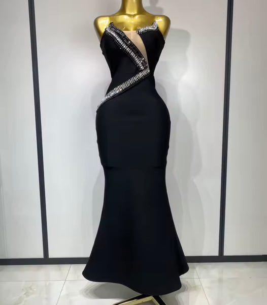 Women Black Rhinestone Sexy Strapless Maxi Dress