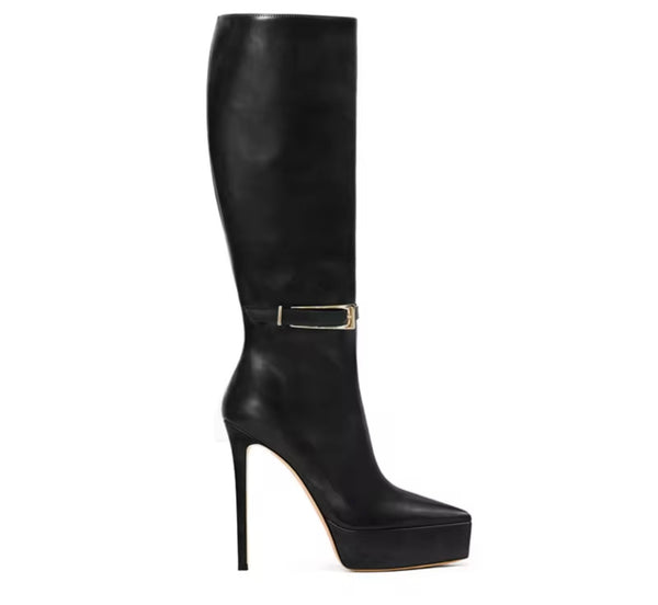 Women Pointed Toe Platform Buckled Knee Length High Heel Boots