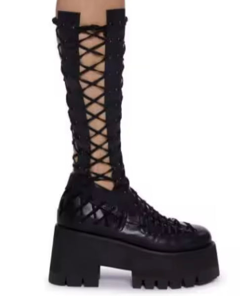 Women Black Platform Fashion Cut Out Lace Up Ankle Boots