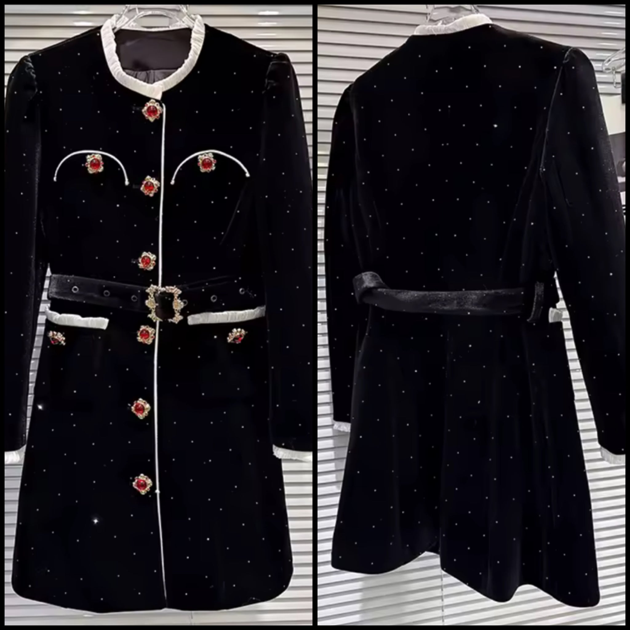 Women Fashion Rhinestone Crystal Button Up Velvet Jacket