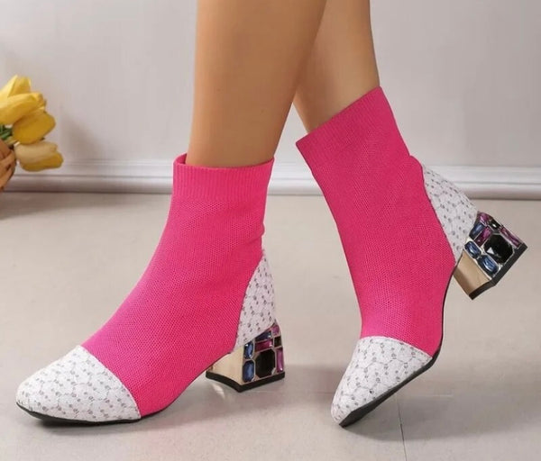 Women Fashion Color Patchwork Crystal Square Heel Ankle Boots