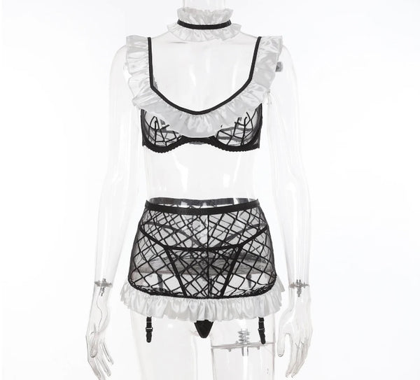 Women Sexy B&W Ruffled Choker Mesh Lingerie Set