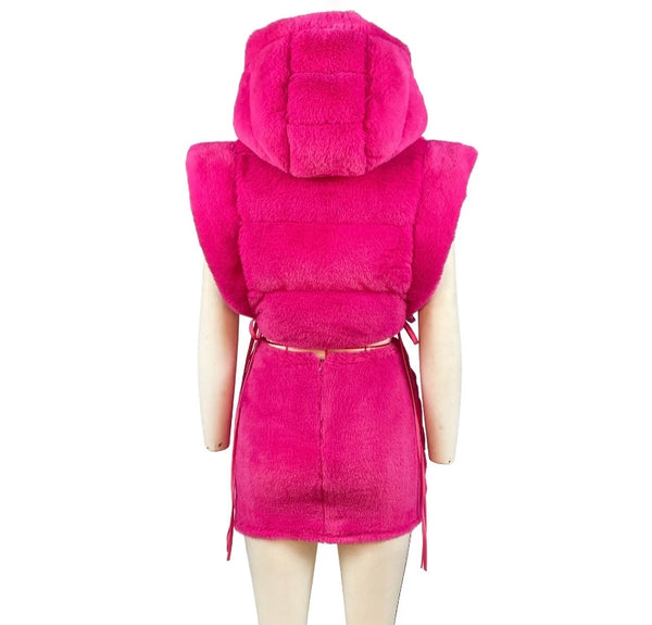 Women Fashion Sleeveless Hooded Faux Fur Two Piece Skirt Set