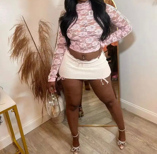 Women Pink Lace Sexy Fashion Full Sleeve Crop Top