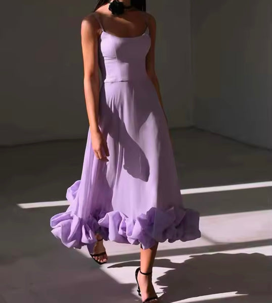 Women Sexy Sleeveless Solid Color Ruffled Maxi Dress